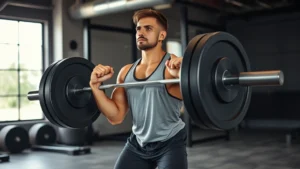 Person in a gym performing a perfect deadlift with proper form, focused expression, barbell loaded with weight plates, concrete floor, natural gym lighting, athletic wear