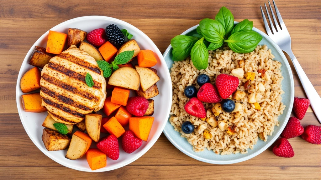 Overhead view of a colorful meal prep spread: grilled chicken breast, brown rice, roasted vegetables, and berries on a plate, wooden table, fresh and vibrant