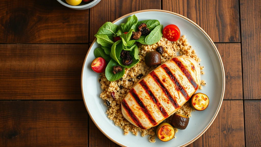 Overhead shot of protein-rich meal on plate: grilled chicken breast, quinoa, roasted vegetables, and salad on wooden table