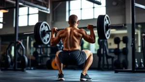 Athletic person performing a barbell back squat with focused intensity in a well-lit commercial gym, proper form, natural lighting, realistic gym environment