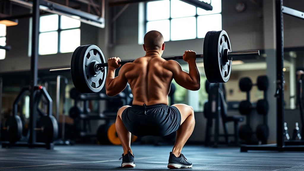 Athletic person performing a barbell back squat with focused intensity in a well-lit commercial gym, proper form, natural lighting, realistic gym environment