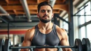 Person performing barbell deadlift in commercial gym with focused expression, proper form, natural lighting, sweat visible on skin showing effort and intensity