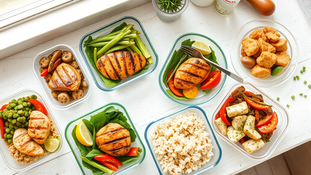 Overhead shot of diverse meal prep containers with grilled chicken breast, rice, and vegetables, bright kitchen countertop, natural daylight through window