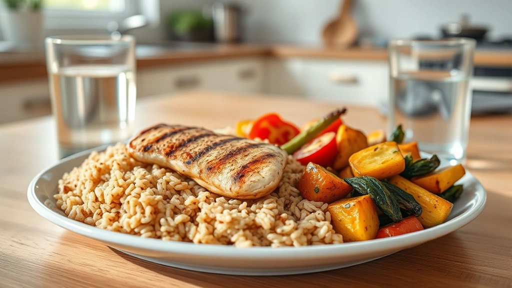 High-protein meal spread on a table: grilled chicken breast, brown rice, roasted vegetables, and a glass of water, clean kitchen background, natural daylight