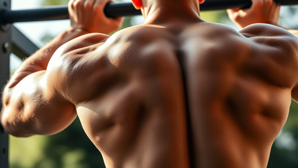 Close-up of someone's muscular shoulders and back during a pull-up, showing defined muscle definition, athletic physique, outdoor pull-up bar with natural sunlight