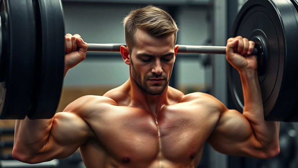 Person in gym wearing athletic gear doing a compound lift with focused expression, natural lighting, sweat visible on skin, mid-rep intensity