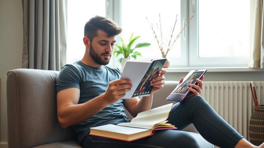 Individual reviewing progress photos or workout journal at home, sitting with notebook, natural window lighting, motivational energy
