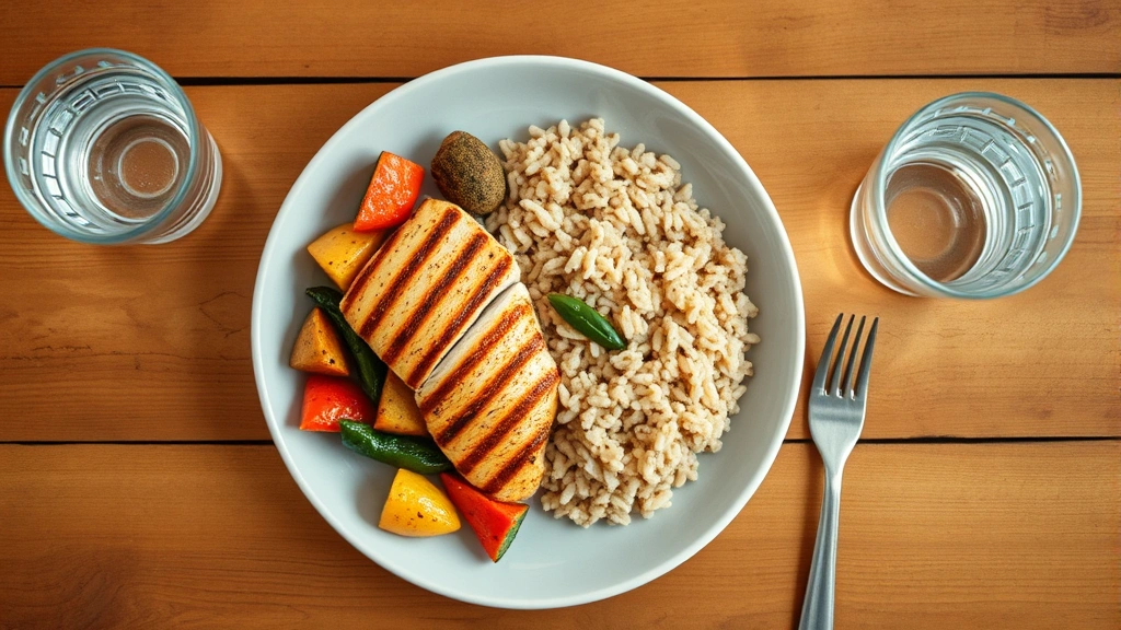 Overhead shot of a balanced meal plate with grilled chicken breast, brown rice, roasted vegetables, and a glass of water on a wooden table