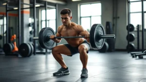 Athletic person performing a barbell squat with proper form in a well-lit gym, demonstrating controlled movement and muscle engagement