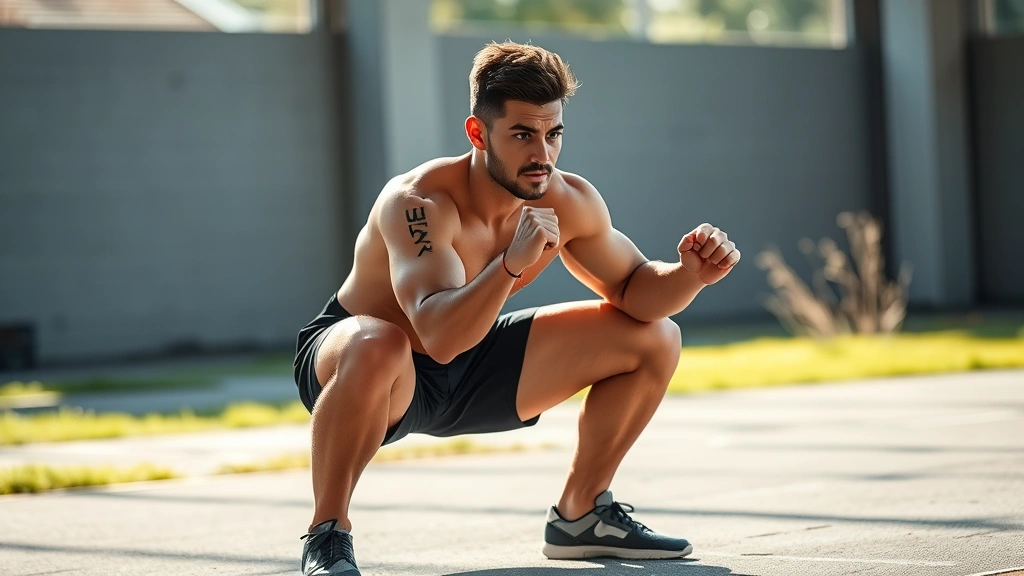 Athletic person doing a bodyweight squat in bright natural light, focused form, no gym equipment visible, motivational but genuine expression