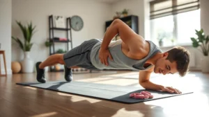 Person doing a proper push-up with engaged core and straight body alignment in a bright, natural-lit home gym setting