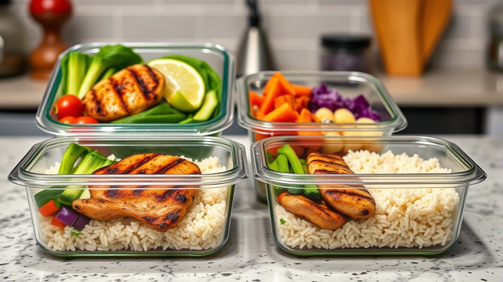 Athlete meal prep containers with grilled chicken, rice, and vegetables on a kitchen counter, fresh and colorful food arrangement