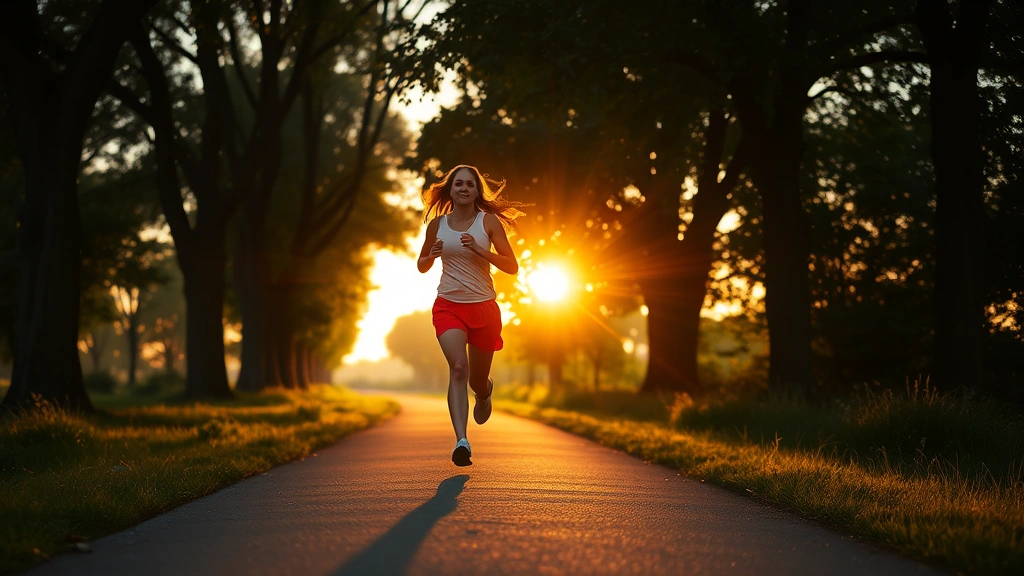 Woman running outdoors on a tree-lined path during golden hour, natural movement, peaceful environment, no watches or tech visible