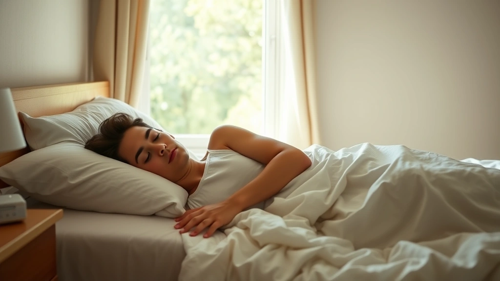 Person sleeping peacefully in bed with natural sunlight coming through window, clean bedding, peaceful bedroom environment, no alarm clocks or devices visible