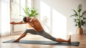 Fit person doing a stretching routine on a yoga mat in a bright, peaceful home gym with natural sunlight, plant in background, calm and focused expression