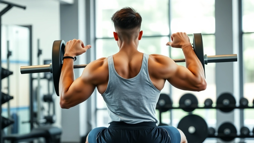 Young male athlete performing barbell back squat in modern gym with proper form, focused expression, muscular development visible, natural lighting