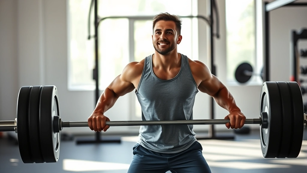 Person performing a barbell deadlift with perfect form in a bright gym, natural lighting, confident expression, showing controlled movement