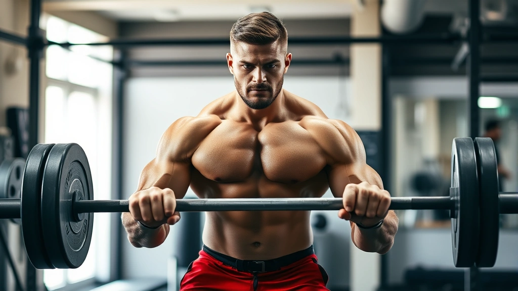 Muscular person performing heavy barbell deadlift with proper form, focused expression, well-lit gym environment with natural light