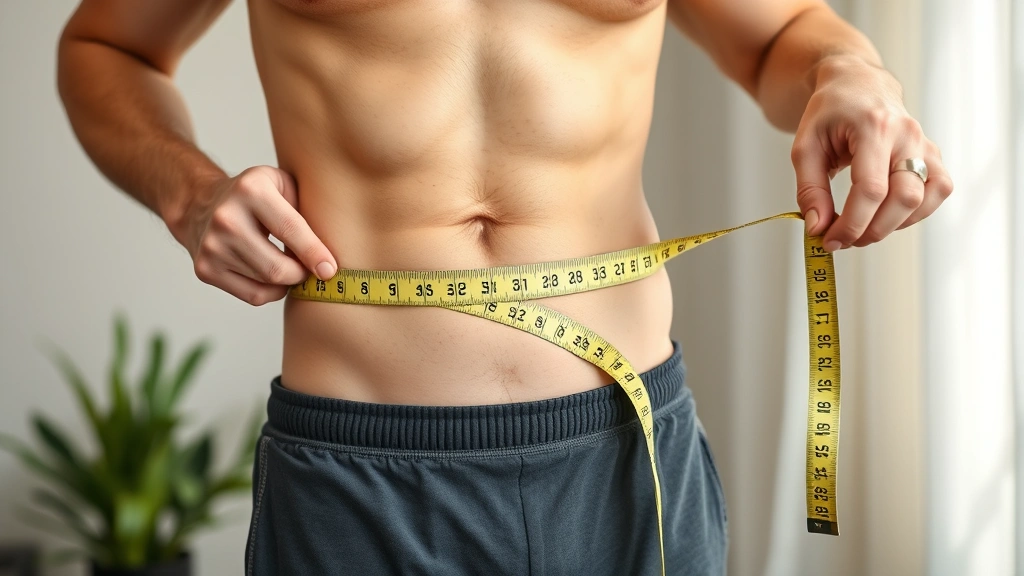 Fit individual measuring body composition with measuring tape around waist, smiling, natural home lighting, showing progress tracking