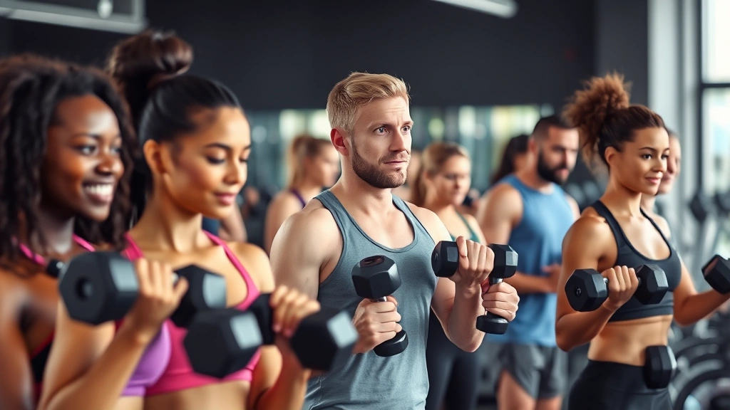 Group of diverse people doing strength training exercises with dumbbells and barbells, various fitness levels, supportive gym atmosphere