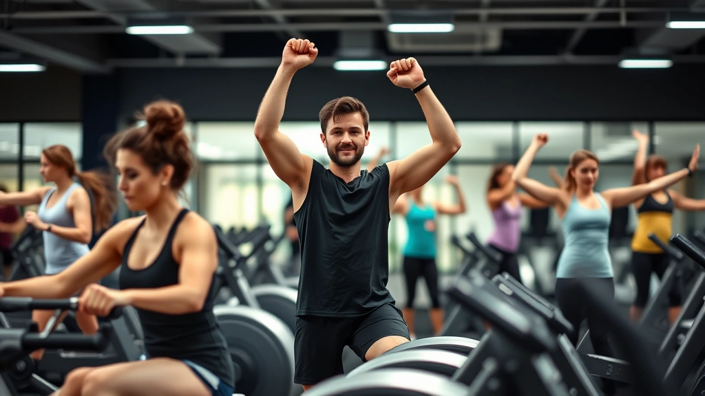 Diverse group of people at a gym doing different exercises—someone on a rowing machine, someone lifting weights, someone stretching—all looking engaged and healthy