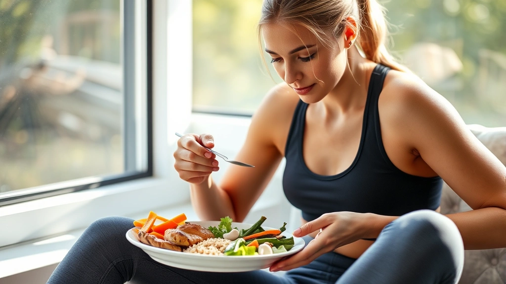 Athlete in athletic wear eating a balanced meal with grilled chicken, vegetables, and whole grains, sitting by a window in natural light