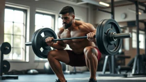 Muscular person performing a heavy barbell squat in a gym with intense focus, proper form, natural lighting from gym windows