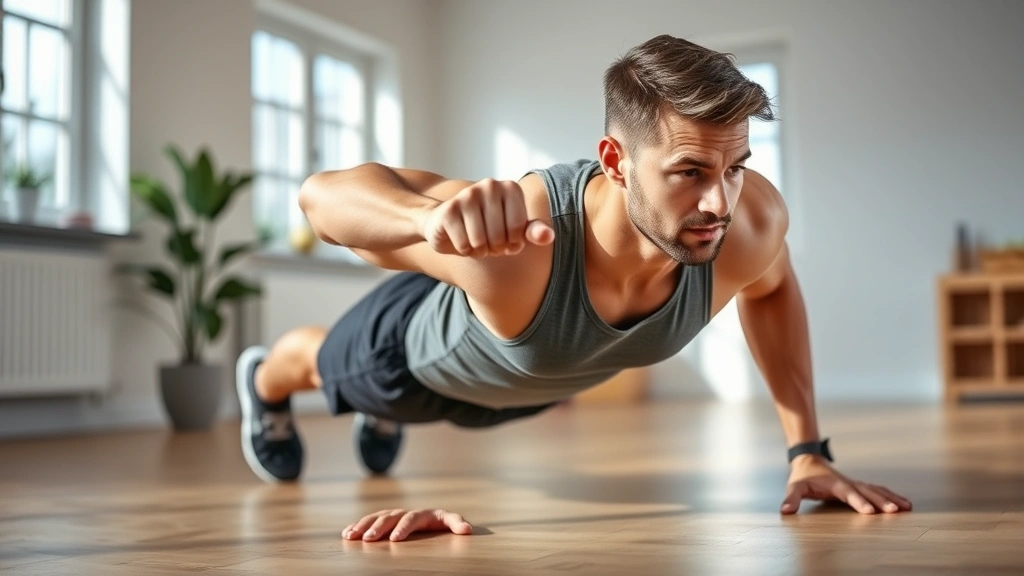 Athletic person doing a perfect form pushup in a bright home gym space, focused expression, natural lighting from windows, minimalist background with wooden floor