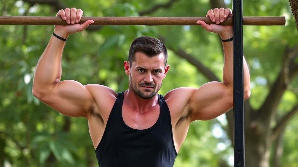 Fit individual performing a pullup on a sturdy outdoor bar or tree branch, muscles engaged, determined expression, natural outdoor setting with green foliage