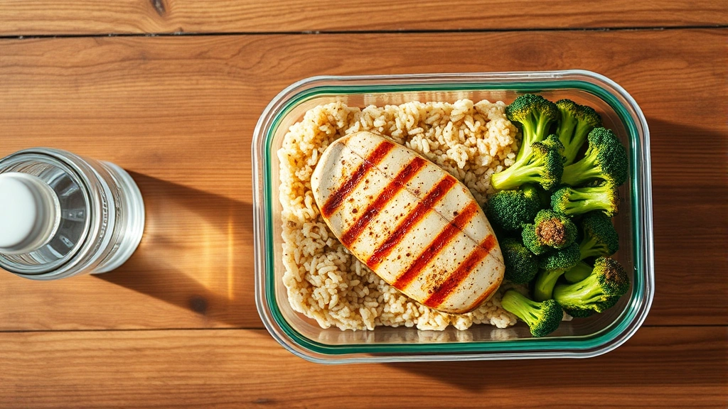 Overhead view of a wooden table with a meal prep container filled with grilled chicken breast, brown rice, and roasted broccoli, water bottle beside it, natural daylight