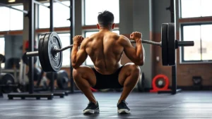 Person doing a proper barbell squat with excellent form in a well-lit gym, showing engaged core and proper depth, photorealistic and motivating