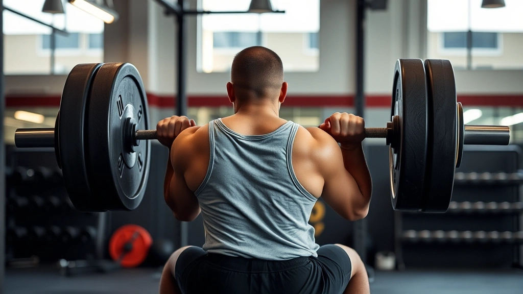 Person performing a heavy barbell back squat in a well-lit gym, focused expression, mid-lift with proper form