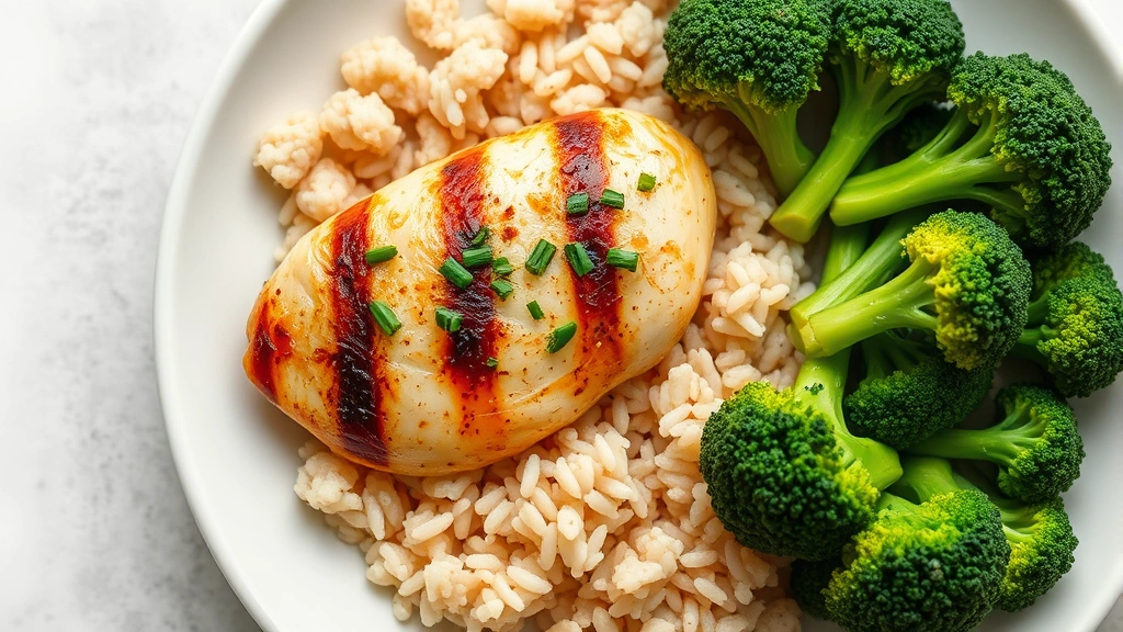 Overhead shot of a balanced meal plate with grilled chicken breast, brown rice, and steamed broccoli on a white dish