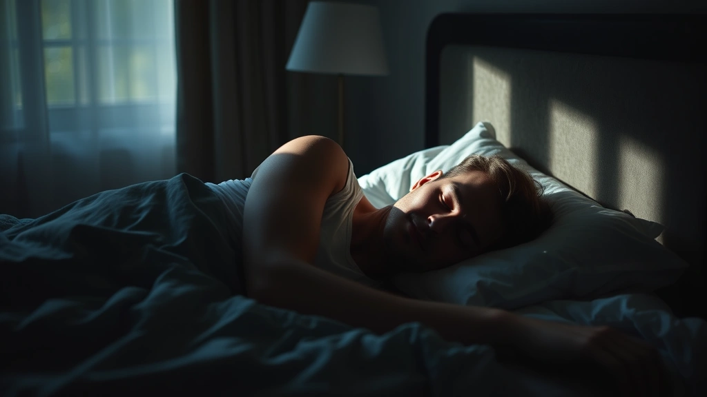 Someone sleeping peacefully in a dark, comfortable bedroom, sunlight peeking through curtains, representing quality rest and recovery