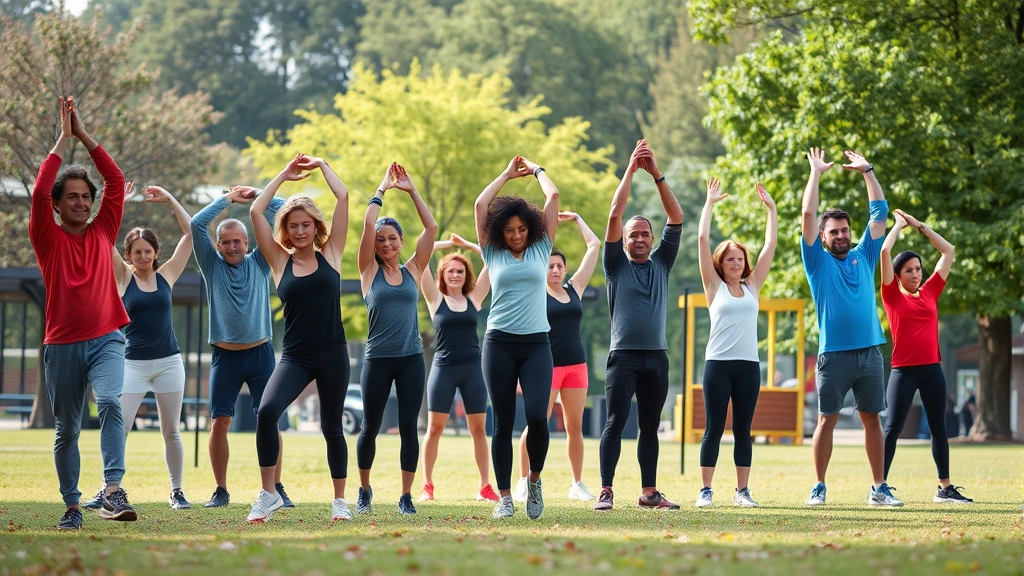 Diverse group of people stretching together outdoors in a park after a workout, showing community and active lifestyle