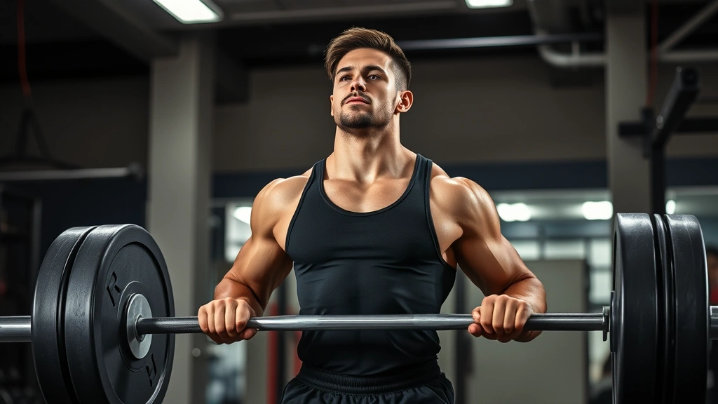Person doing barbell deadlift in gym with proper form, focused expression, natural lighting, athletic build
