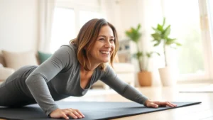 Person doing a simple home workout in a bright living room, smiling while doing a push-up, natural morning light, comfortable workout clothes, peaceful and motivated expression