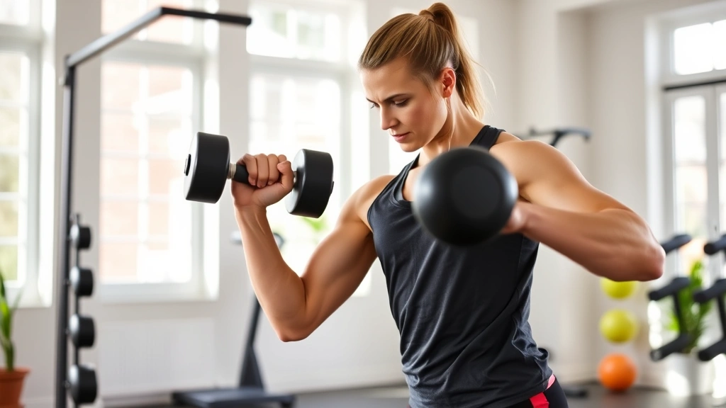 Person in athletic wear doing a dumbbell exercise in a bright home gym space, focused and determined, natural lighting from windows