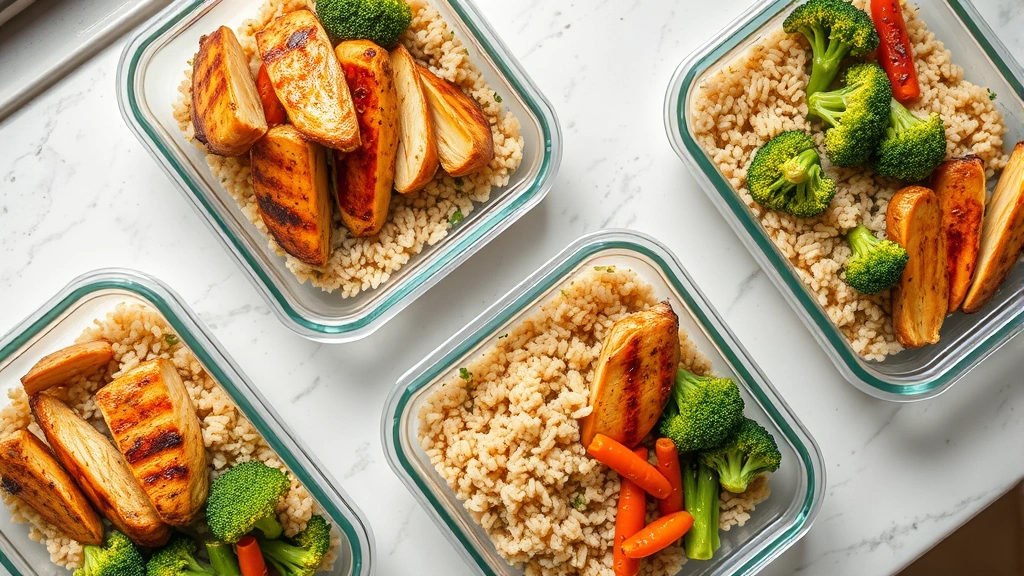 Overhead shot of meal prep containers with grilled chicken, brown rice, broccoli, and vegetables on a kitchen counter