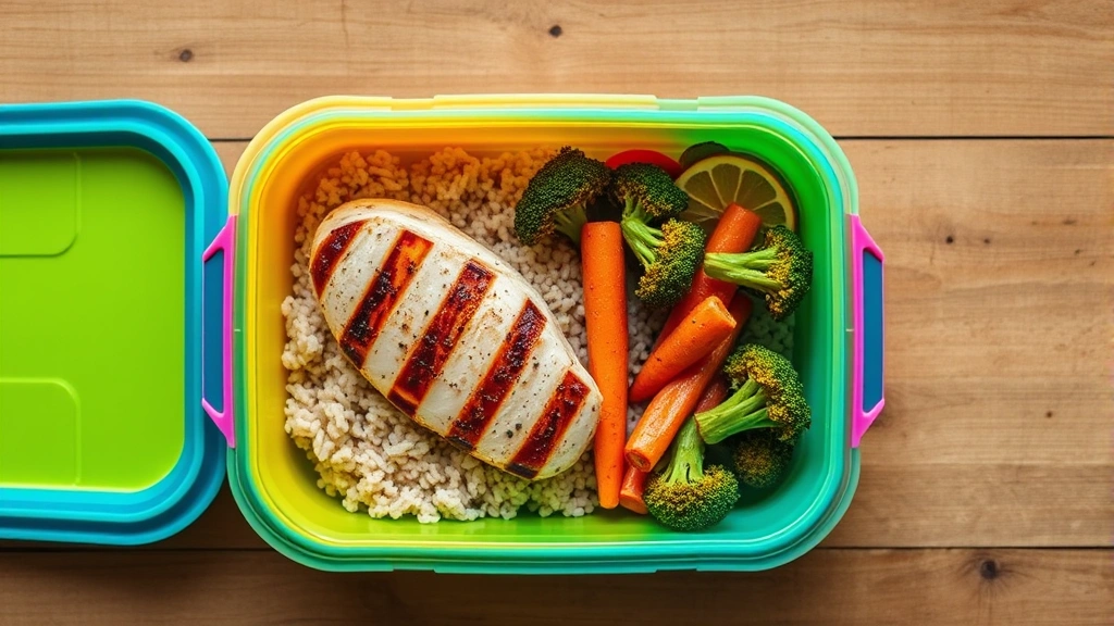 Overhead view of a colorful meal prep container with grilled chicken breast, brown rice, roasted broccoli, and carrots on a wooden table
