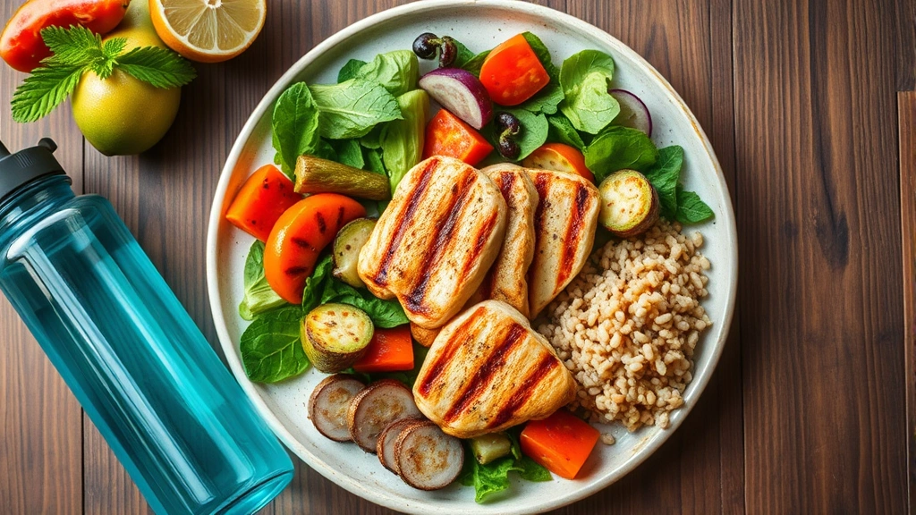 Overhead shot of a colorful balanced meal with grilled chicken, vegetables, and quinoa on a wooden table with water bottle nearby