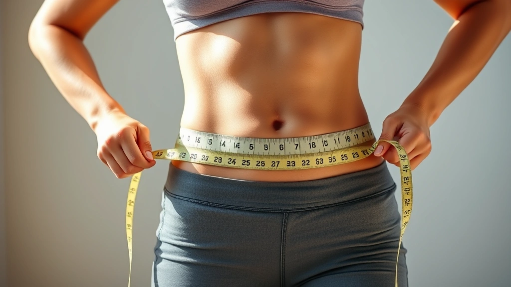 Woman measuring waist with tape measure, standing in bright natural light, confident posture, fit physique