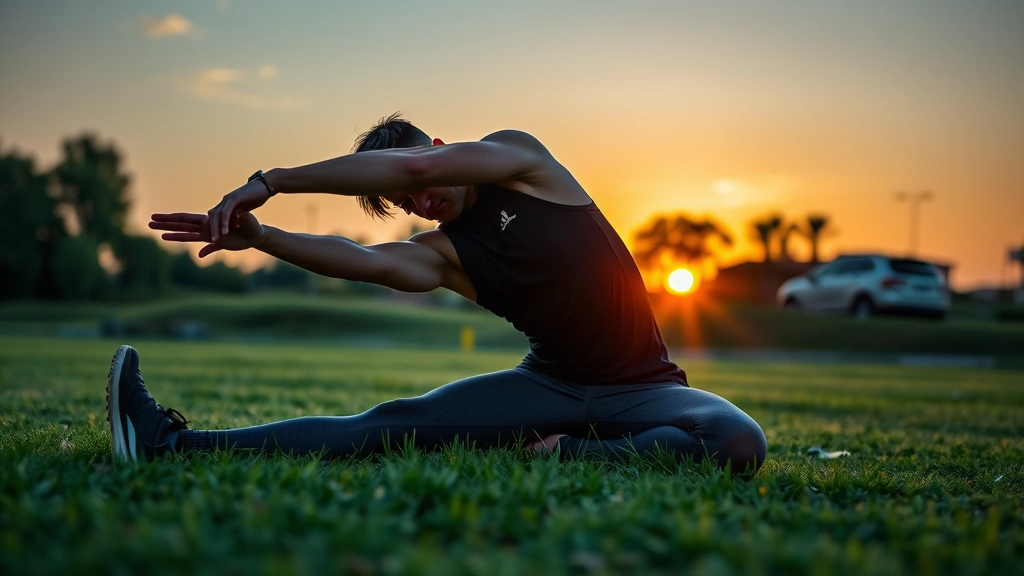 Athlete stretching outdoors on grass after a workout, sunset in background, calm and peaceful recovery moment