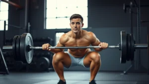 Person performing a controlled barbell squat in a well-lit gym, focused facial expression, proper form with knees aligned and chest up, athletic wear, mid-lift motion