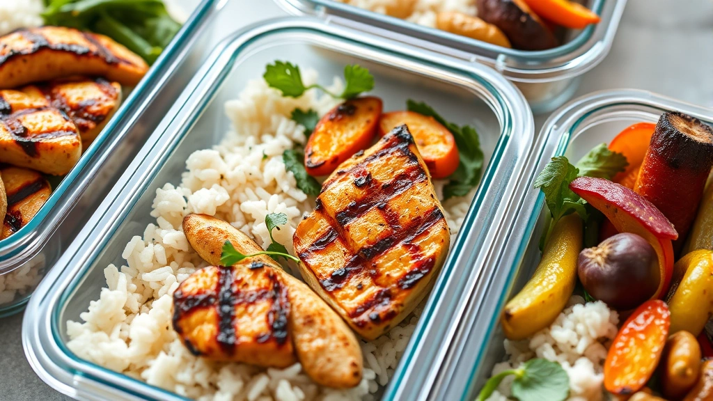 Close-up of prepared healthy meals in containers showing grilled chicken, rice, and vegetables, natural kitchen lighting, fresh and appetizing presentation