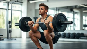 Person doing a barbell squat in a modern gym with natural lighting, focused expression, mid-movement, athletic wear, no mirrors or digital displays visible