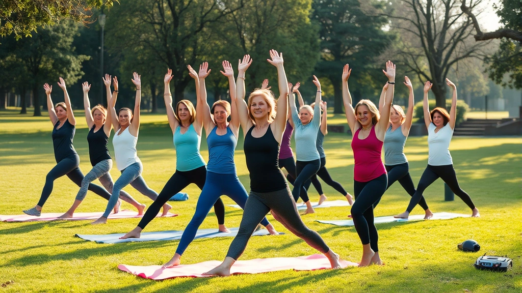 Group of diverse people stretching together outdoors in a park, morning light, yoga mats, genuine smiles, active recovery session