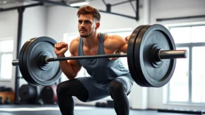 Person doing a compound lift (deadlift or squat) with perfect form in a bright gym with natural light, focused expression, athletic wear, mid-lift position
