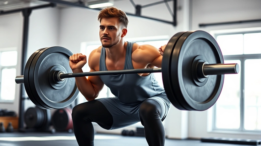Person doing a compound lift (deadlift or squat) with perfect form in a bright gym with natural light, focused expression, athletic wear, mid-lift position