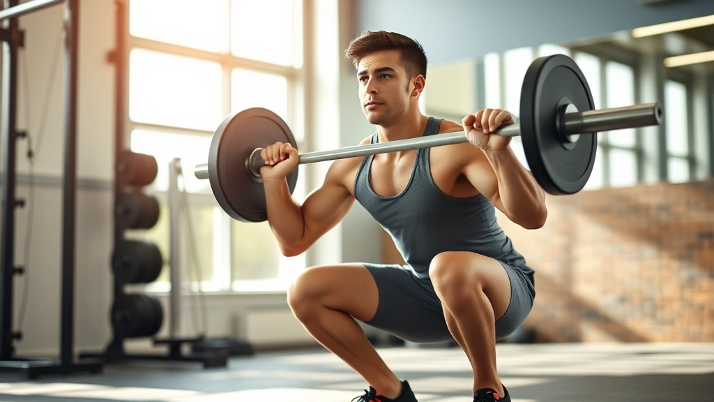 Athletic person doing a proper squat with good form in a bright gym, focused expression, natural lighting